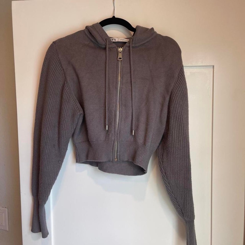 Zara Gray Ribbed Knit Cropped Zip Hoodie Size M